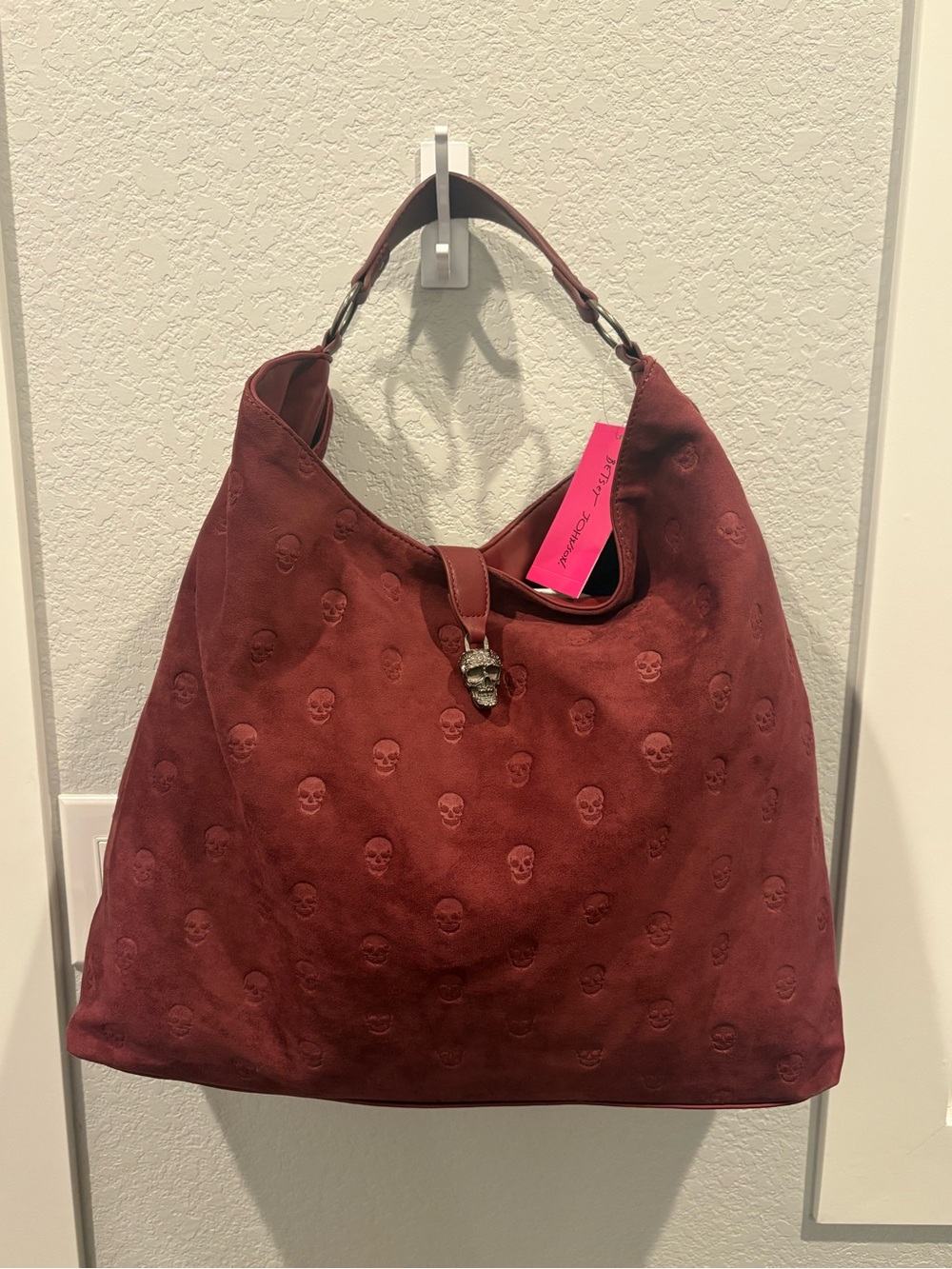 Betsey Johnson Burgundy Suede Skull-Embossed Hobo Bag